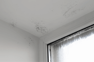 Damp wall with black mould.