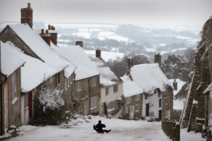 Snow warning in rural England.
